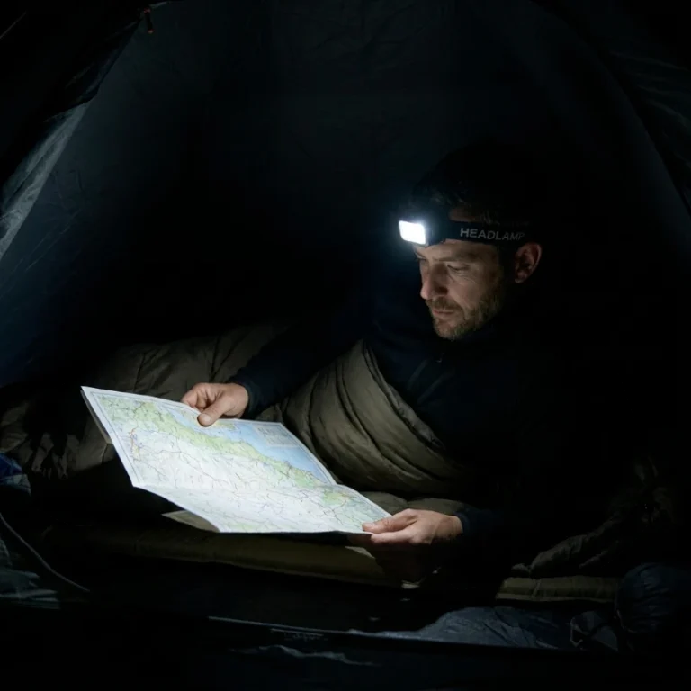 un homme lit une carte dans une tente de camping, éclaré par une lampe frontale qui éclaire en blanc