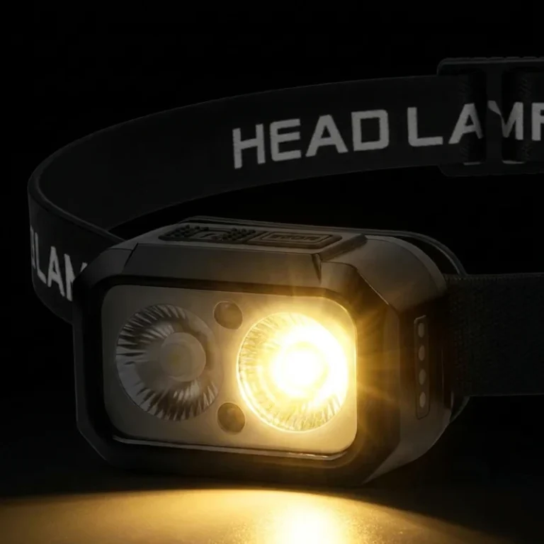 zoom sur une lampe frontale avec une lampe jaune chaleureuse allumée