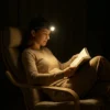 une femme dans un fauteuil lit un livre éclairée par une lampe frontale jaune