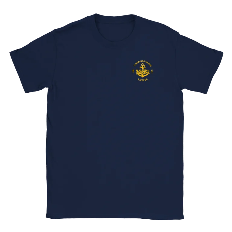 Tee shirt bleu marine avec le logo du commando de marine Kieffer en jaune imprimé sur le cœur
