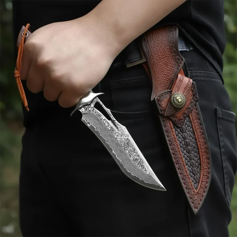 Couteau de Chasse Damas avec Étui en Cuir porté à la ceinture