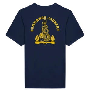 T-shirt bleu maine avec l'insigne du commando jaubert imprimé sur le dos en jaune représentant un dragon enroulé autour d'une ancre