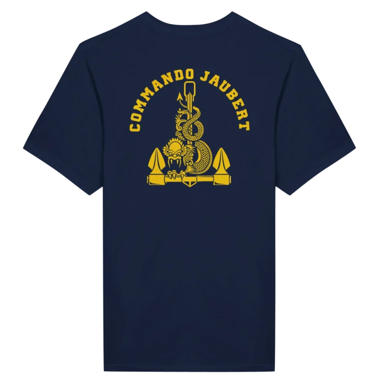 T-shirt bleu maine avec l'insigne du commando jaubert imprimé sur le dos en jaune représentant un dragon enroulé autour d'une ancre