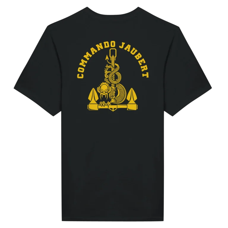 T-shirt noir avec l'insigne du commando jaubert imprimé sur le dos en jaune représentant un dragon enroulé autour d'une ancre