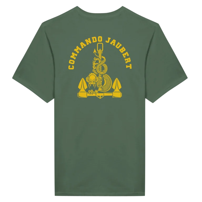 T-shirt vert kaki avec l'insigne du commando jaubert imprimé sur le dos en jaune représentant un dragon enroulé autour d'une ancre