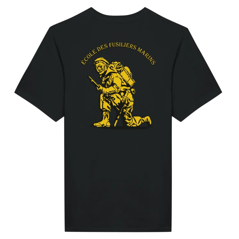 T-shirt noir imprimé dans le dos, fusilier marin agenouillé en jaune avec une inscription "École des Fusiliers Marins" au dessus