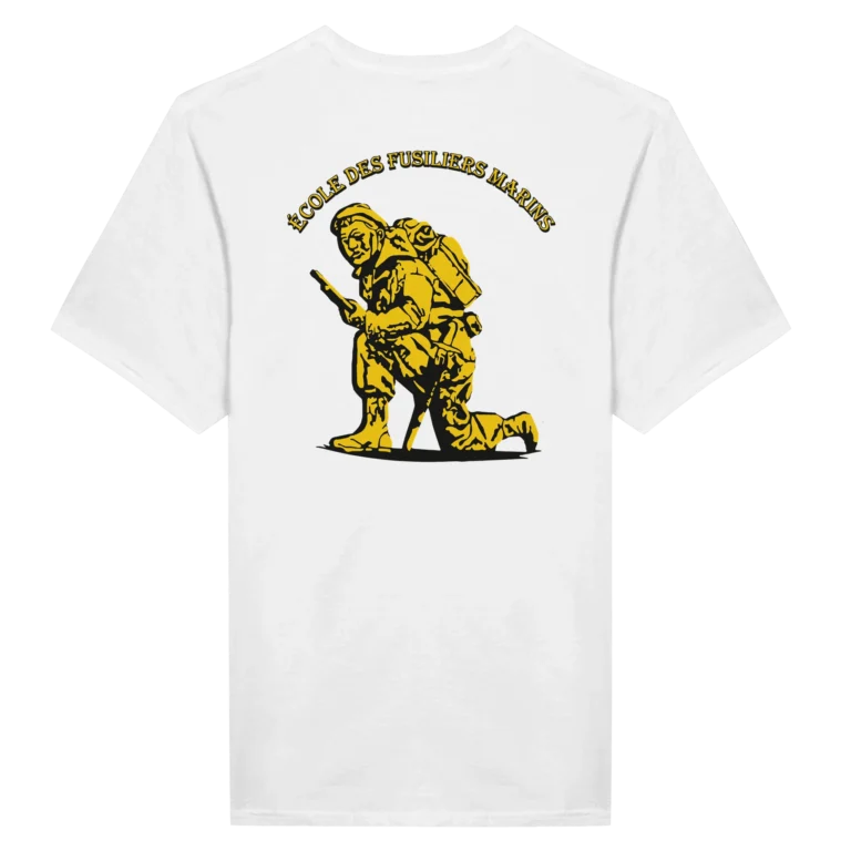 T-shirt blanc imprimé dans le dos, fusilier marin agenouillé en jaune et noir avec une inscription "École des Fusiliers Marins" au dessus
