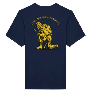 T-shirt bleu marine imprimé dans le dos, fusilier marin agenouillé en jaune et noir avec une inscription "École des Fusiliers Marins" au dessus