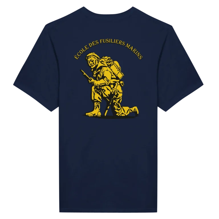 T-shirt bleu marine imprimé dans le dos, fusilier marin agenouillé en jaune et noir avec une inscription "École des Fusiliers Marins" au dessus