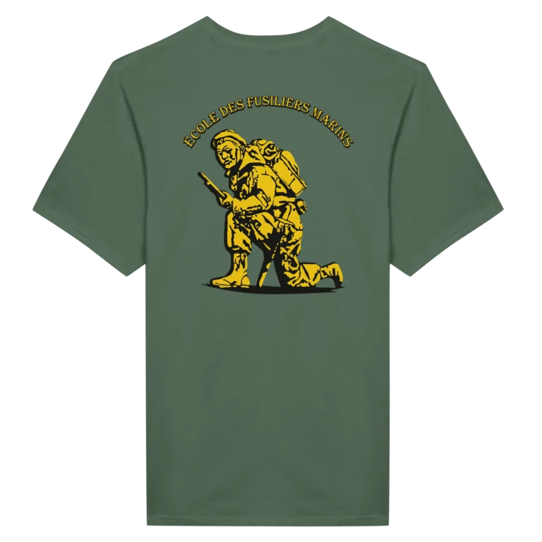 T-shirt vert kaki imprimé dans le dos, fusilier marin agenouillé en jaune et noir avec une inscription "École des Fusiliers Marins" au dessus