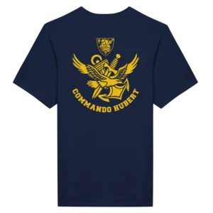 T-shirt bleu marine Commando Hubert, floqué dos logo insigne jaune doré aigle et poignard, marine nationale française