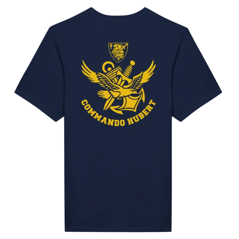 T-shirt bleu marine Commando Hubert, floqué dos logo insigne jaune doré aigle et poignard, marine nationale française