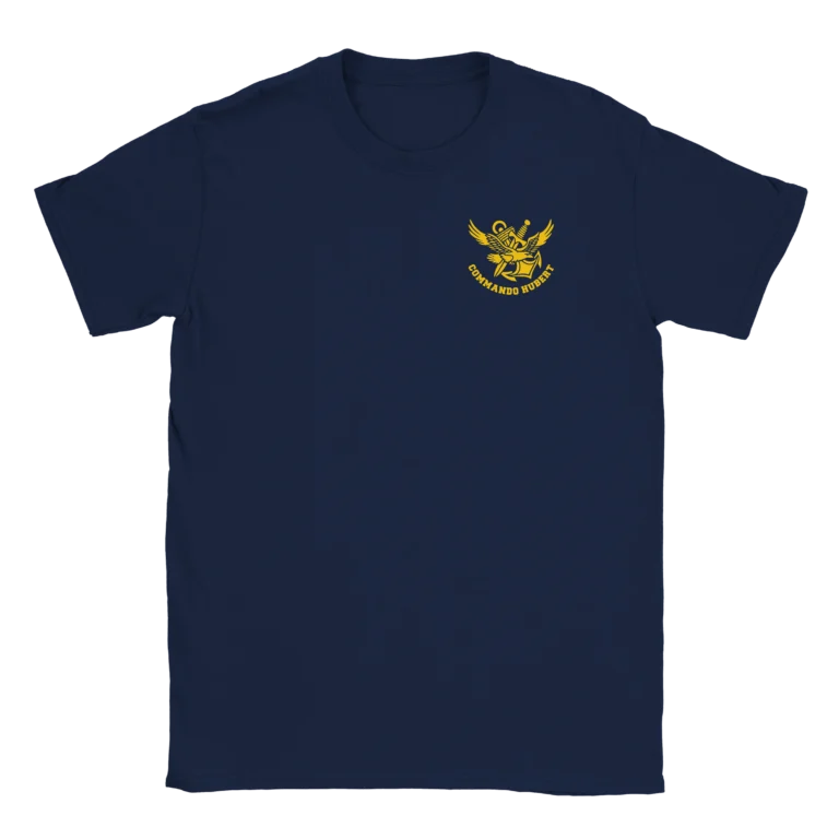 T-shirt bleu marine militaire floqué poitrine logo Commando Hubert jaune doré