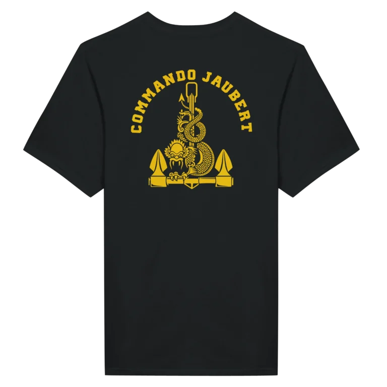 T-shirt noir avec l'insigne du commando jaubert imprimé sur le dos en jaune représentant un dragon enroulé autour d'une ancre