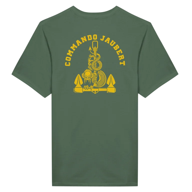 T-shirt vert kaki avec l'insigne du commando jaubert imprimé sur le dos en jaune représentant un dragon enroulé autour d'une ancre