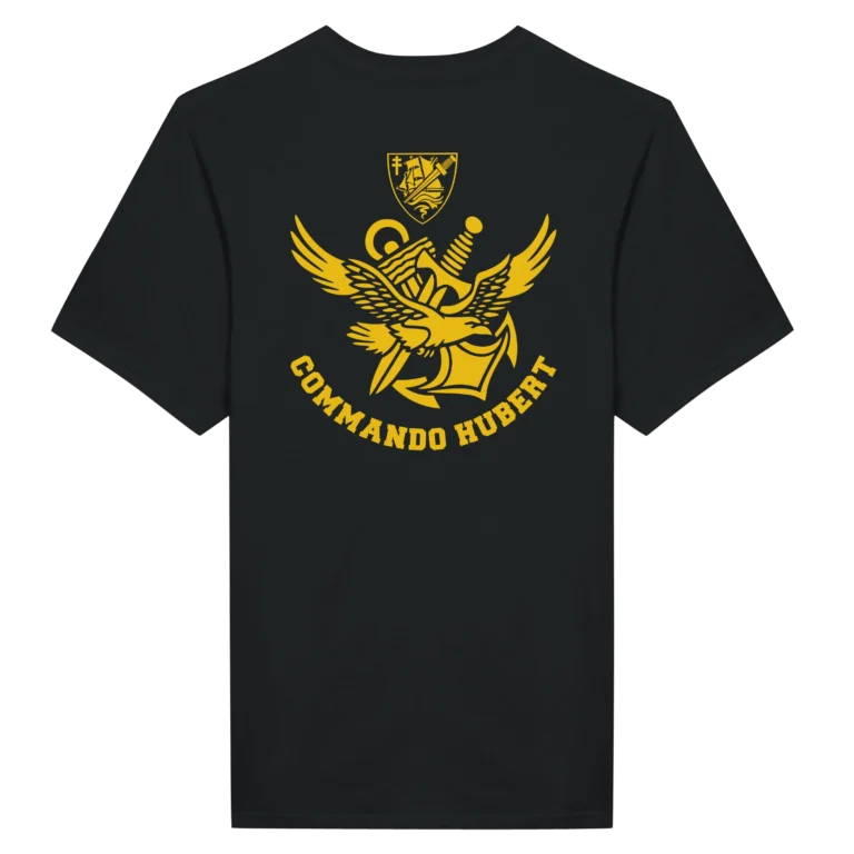 T-shirt noir Commando Hubert, floqué dos logo insigne jaune doré aigle et poignard, marine nationale française