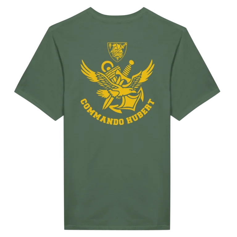 T-shirt vert kaki Commando Hubert, floqué dos logo insigne jaune doré aigle et poignard, marine nationale française