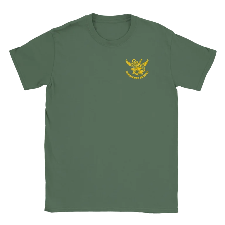 T-shirt kaki vert militaire floqué poitrine logo Commando Hubert jaune doré