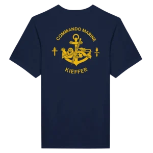 Dos d'un tee shirt bleu marine avec le logo au centre du commando de marine Kieffer en jaune