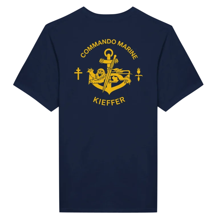 Dos d'un tee shirt bleu marine avec le logo au centre du commando de marine Kieffer en jaune